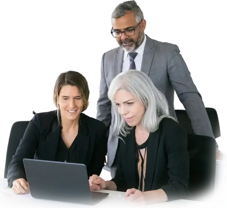 cheerful business team watching presentation laptop