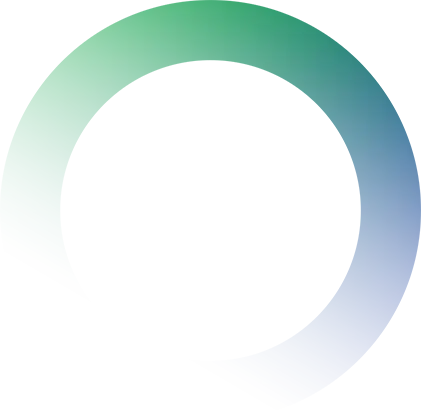 A green and blue logo with a circle in the center.