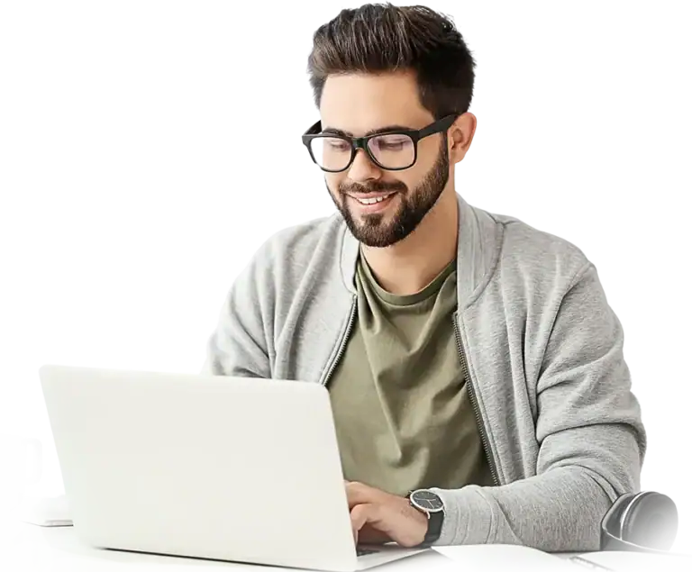 man with glasses using laptop