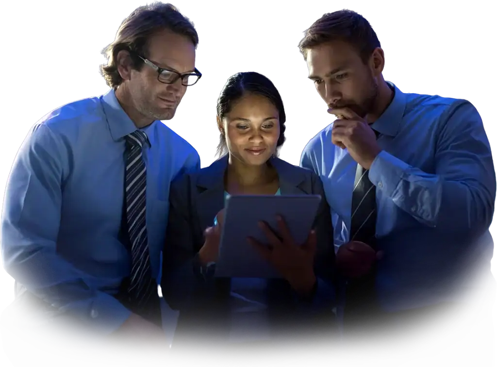 three people looking at tablet