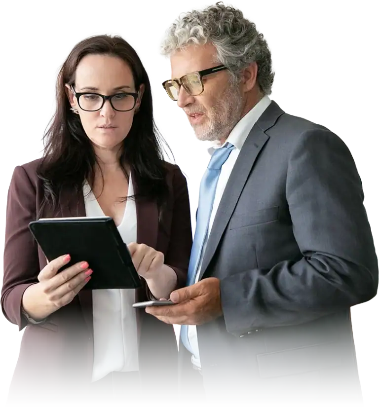 female assistant showing data to boss holding tablet